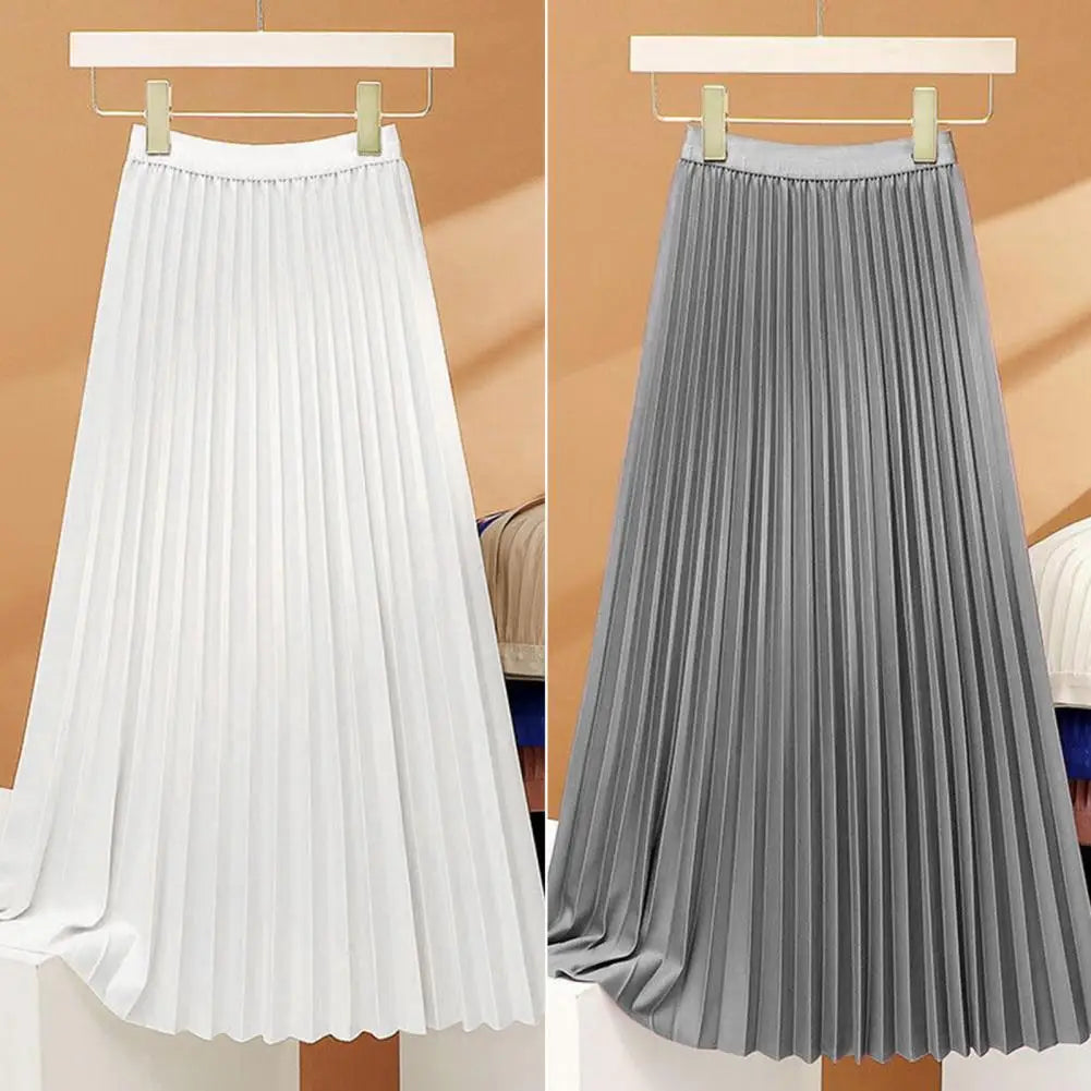 Women Maxi Skirt Elastic High Waist Pleated Skirt Solid Color Smooth Satin A-Line Skirt Work Leisure Wear Короткое Платье Макси