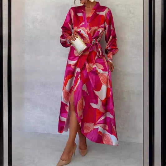 Pink Printed Women's Long Sleeved Dress Autumn New V-neck Cross Tie Lantern Sleeve Irregular Women's Long Dress 2024 Vestido