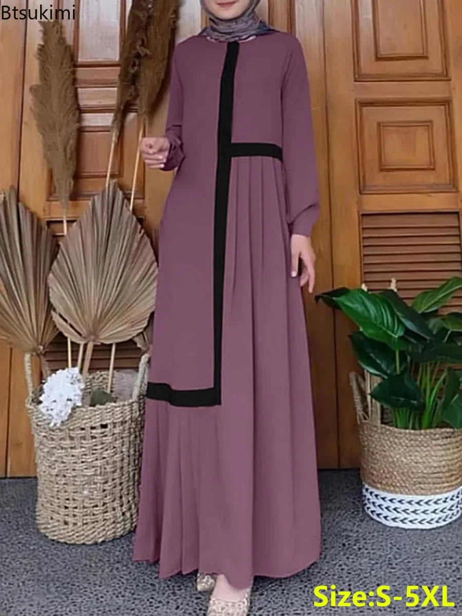 Fashion Patchwork Pleated Long Dress for Women Muslim Contrast Color Abaya Puff Sleeve Casual Maxi Dress Arab Kaftan Robe Femme