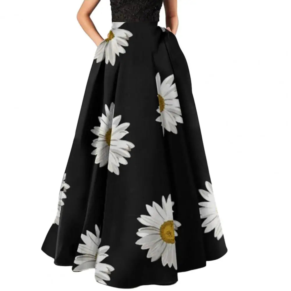 Women High-waisted Long Skirt Flower Printed Skirt for Women Elegant A-line Big Swing Zipper Bohemian Party Prom Maxi Skirt