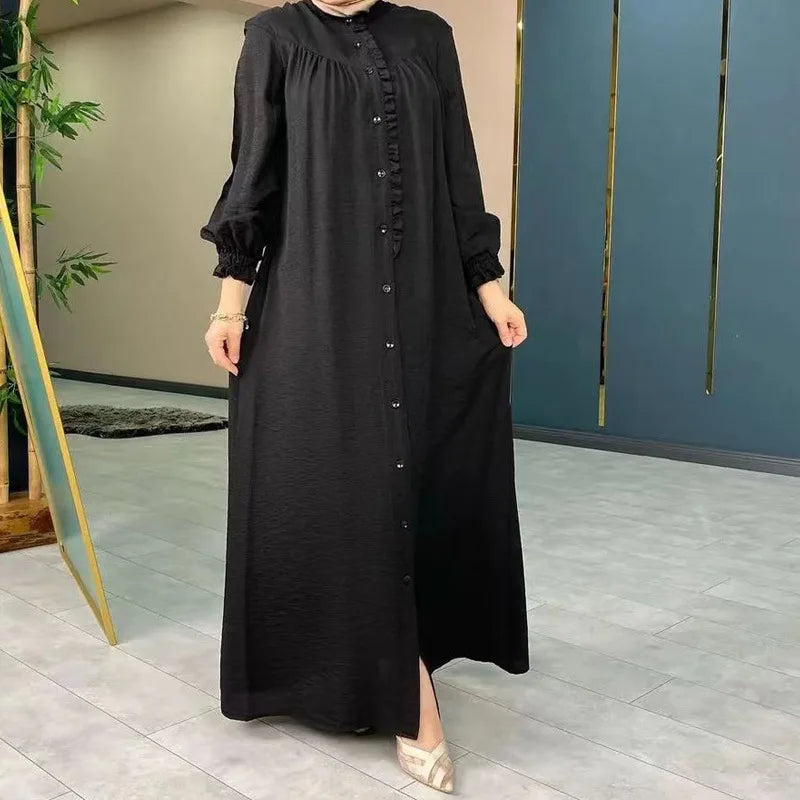 Muslim Fashion Modest Abaya for Women Morocco Solid Casual Robe Puff Sleeve Party Evening Dresses Female Button-up Long Vestidos