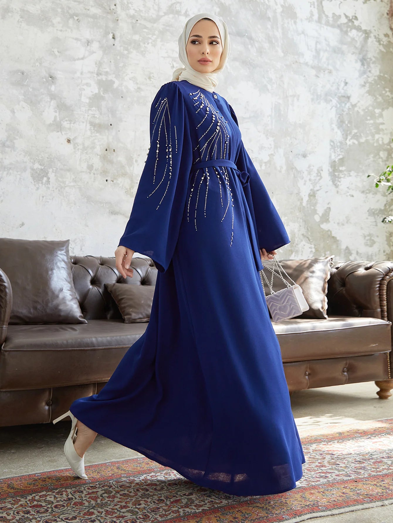 Mandylandy Abaya Middle Eastern Robe Women's Muslim Dress Turkey Dubai Caftan Islamic Clothing Beaded Hot Diamond Dress Abaya