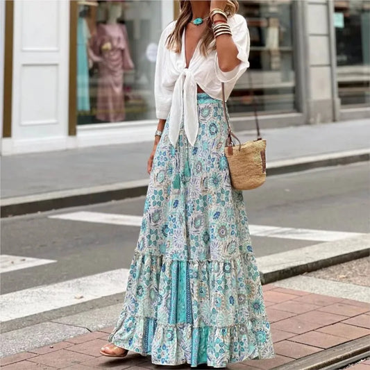 Ladies' Vacation Style Printed Skirt Long Skirt Summer Autumn New 2024 Oversized High Waisted Lace Up Elegant Ladies' Skirt