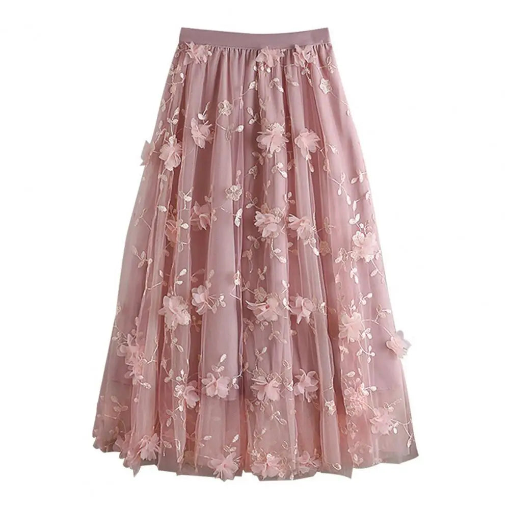 Women High Waist Midi Skirt Elegant Floral Embroidery Mesh Midi Skirt with Double Layered Tulle High Waist A-line for Women