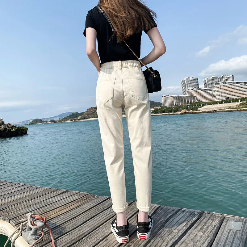 Solid Color High-waisted Straight Leg Jeans, Women's Spring and Fall New Fashion Nine-point Pants, Casual  Elastic-waisted Jeans