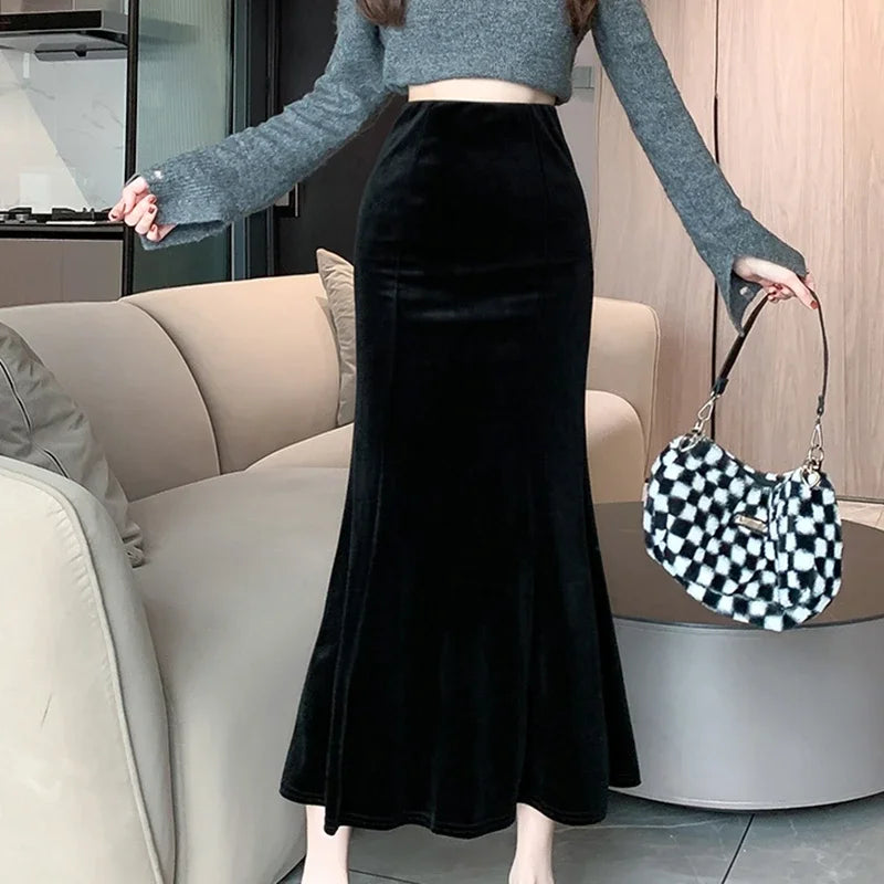 Elegant Velvet Black Long Skirts Women 2025 Casual High Waist Faldas Sexy Mujer Slim Korean Style Y2k Clothes Vintage Midi Skirt