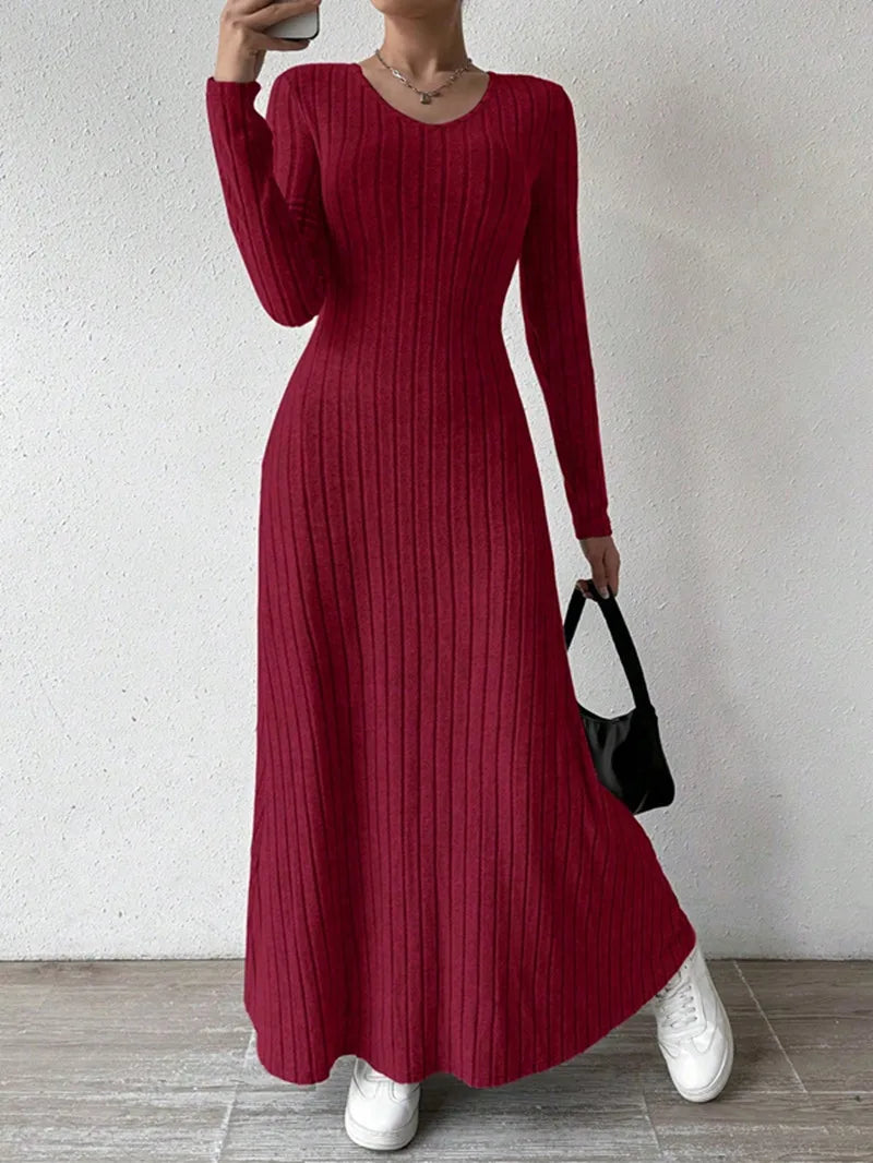 Autumn and winter knitted ribbed slim fit long sleeved A-line lady long skirt solid color Vneck tight skirt elastic knitted robe