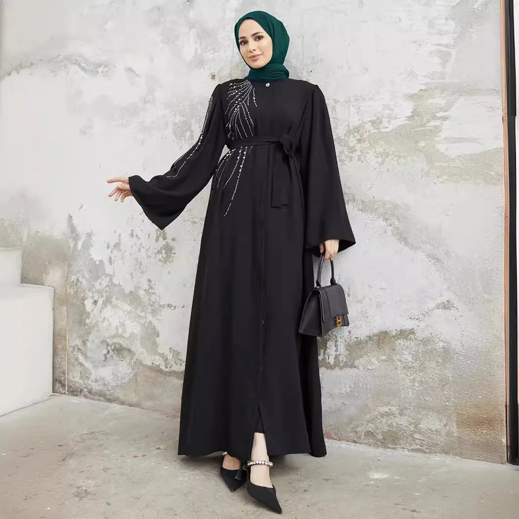 Mandylandy Abaya Middle Eastern Robe Women's Muslim Dress Turkey Dubai Caftan Islamic Clothing Beaded Hot Diamond Dress Abaya