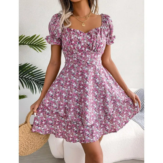 Dress For Women Summer Temperament, Sexy Square Neckline, Floral Pattern, Waist Cinching, Big Swing, Short Skirt Dress For Women