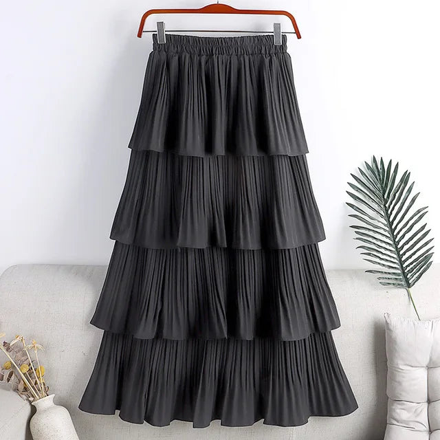 Color High-waisted Pleated Cake Skirt For Spring Summer Women 4 Layered Ruffles A-line Skirt Casual Solid