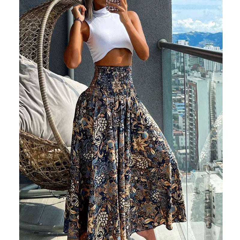 Mandylandy Summer Big Swing Skirts High Waist Slimming Printed Skirt Large Swing Skirt for Women Casual Bohe Streetwear Skirts