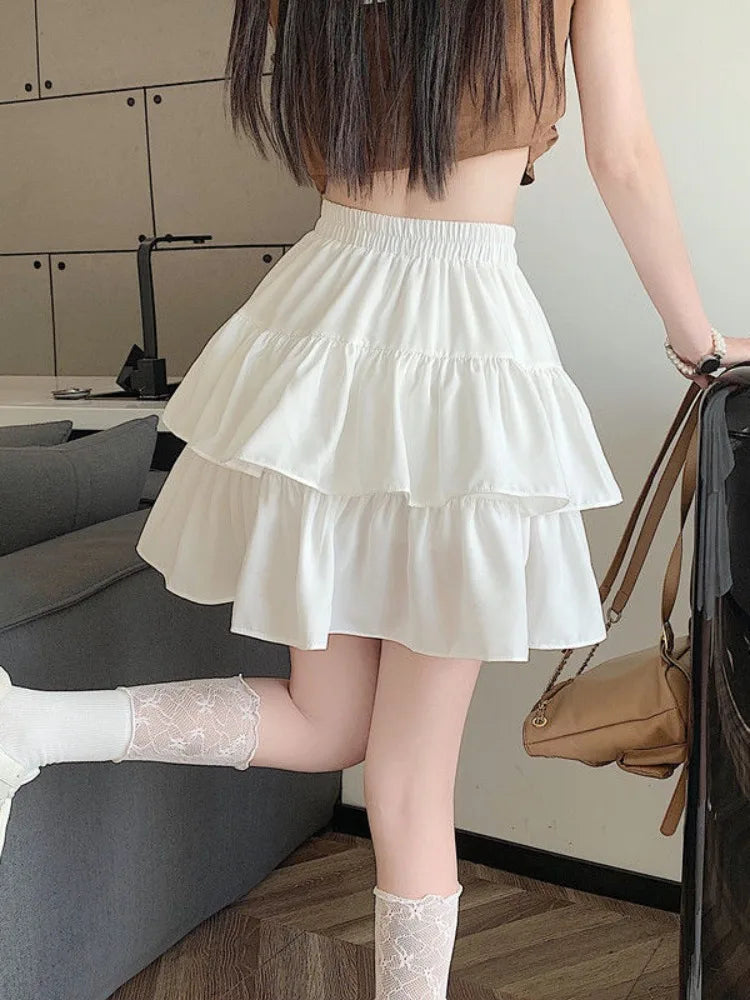 2024 New Ruffled Cake Skirts Women High Waist A-line Solid All-match Sweet Lovely Girl Korean Gentle Spring Kawaii Casual Skirts