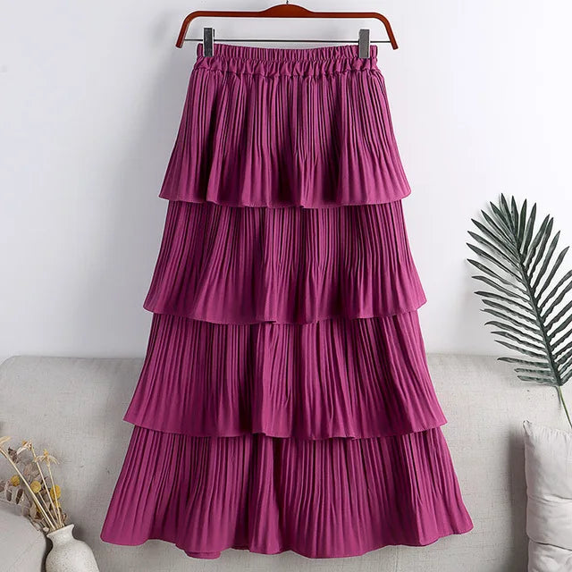 Color High-waisted Pleated Cake Skirt For Spring Summer Women 4 Layered Ruffles A-line Skirt Casual Solid