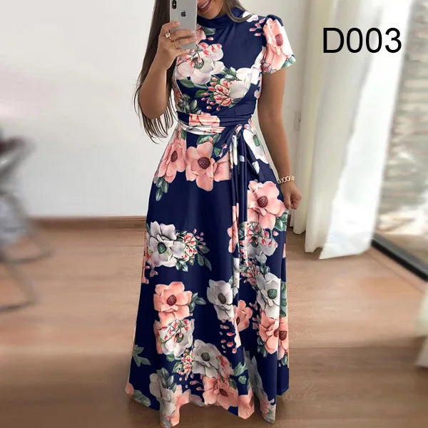 2023 Summer New Women's Luxury Sexy Retro Fashion Round Neck Mid Waist Casual Comfortable Flower Printed Large Swing Dress