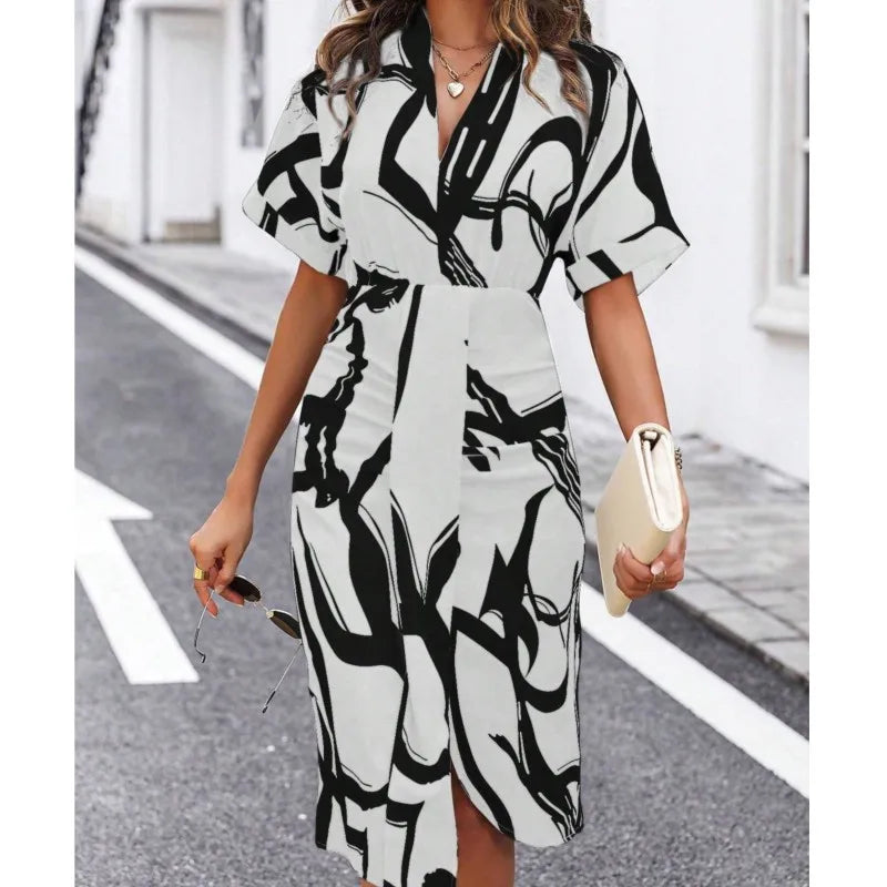 2024 Summer Fashion Printed V Neck Short Sleeved Slim Fit Dresses for Women Elegant Irregular Hips Wrap Female Office Midi Dress