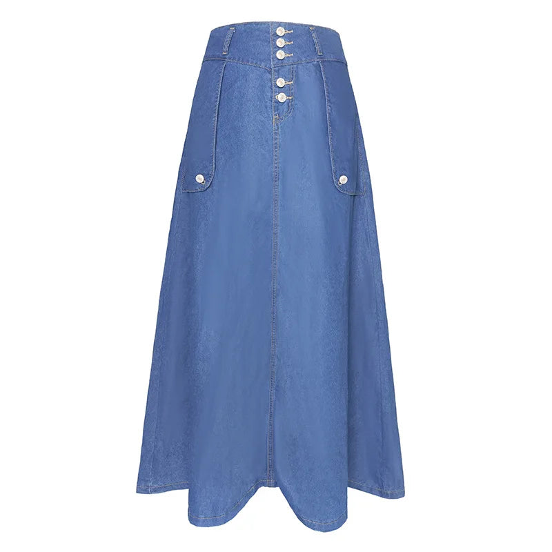 Skirts Women A Line Long Skirt Slim Fit High Waist Elegant Splice Denim Sexy Casual Regular Pocket Button Solid Summer 2024