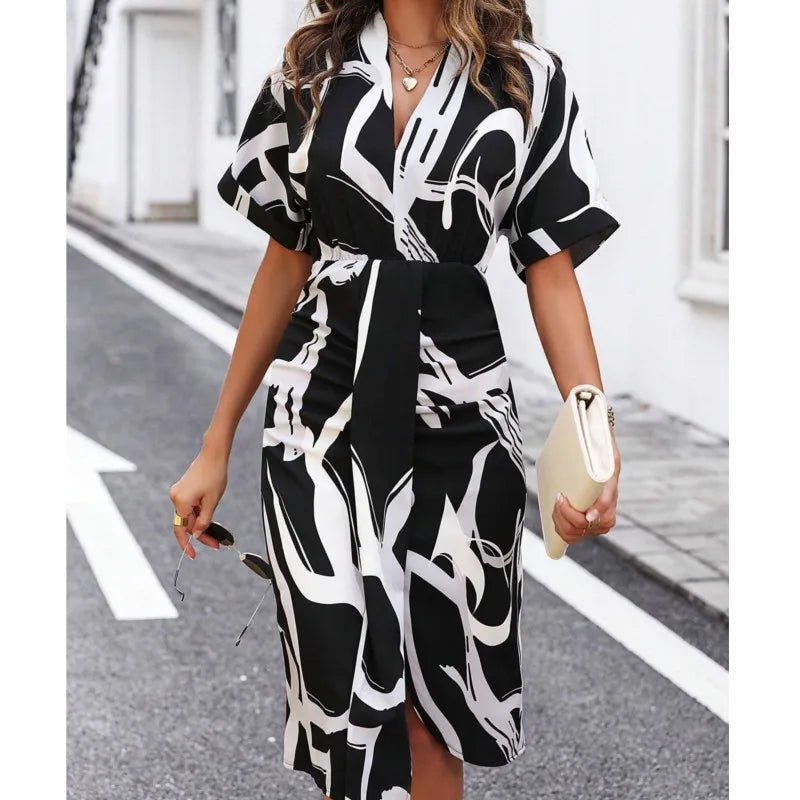 2024 Summer Fashion Printed V Neck Short Sleeved Slim Fit Dresses for Women Elegant Irregular Hips Wrap Female Office Midi Dress