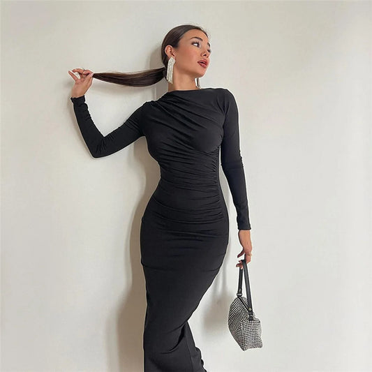 2024 Spring and Autumn New European and American Asian Style High End Solid Color Temperament Long Hip Bag Dress for Women