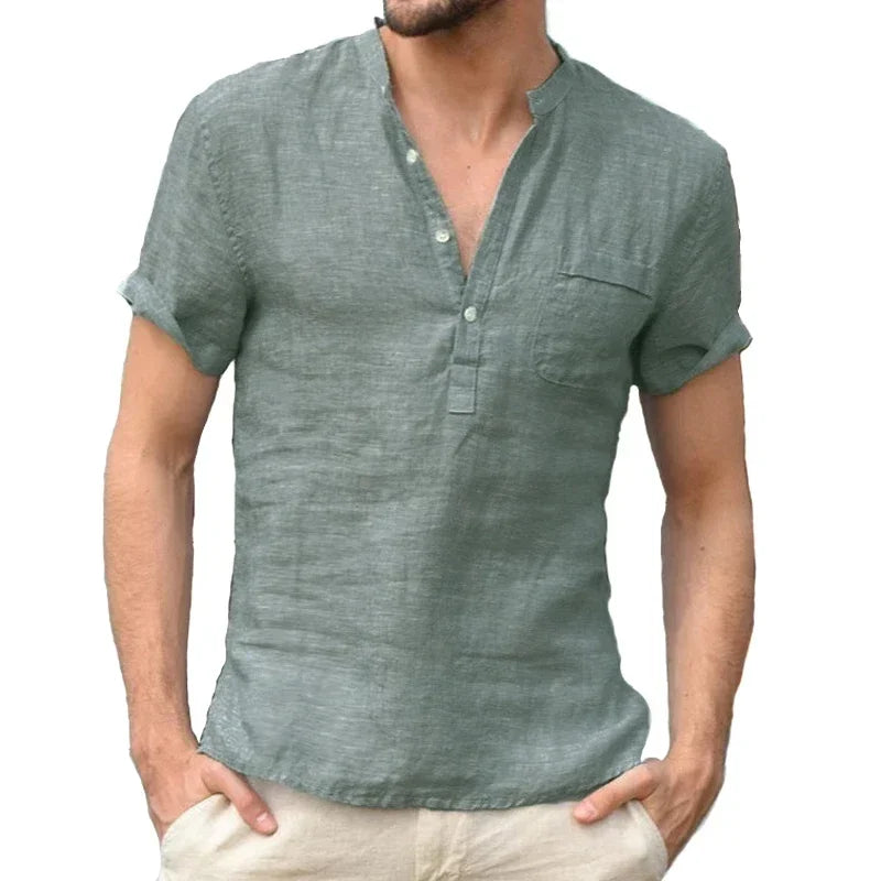 New Men's Casual Stand Up Collar Summer Solid Color Short Sleeve Linen Shirt Trendy Breathable Loose Youth Basic Pocket Tops