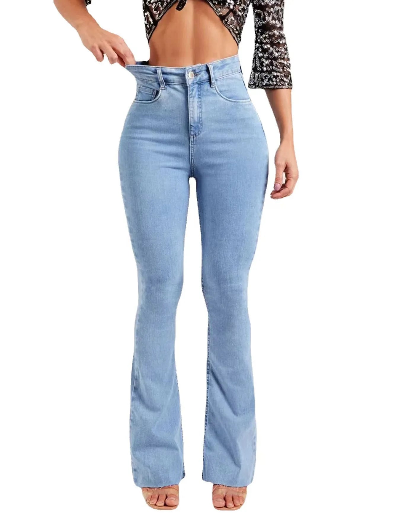 Women Jeans Flare Pants Denim Washing Loose Fit Bootcut Pockets High Street Slight Strech Solid Full Length Spring 2024