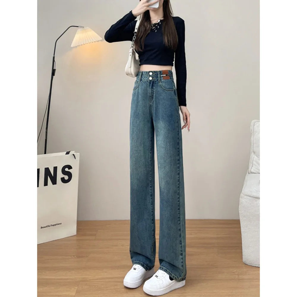 Vintage Baggy Jeans Women High Waist Solid Casual Denim Pants Fashion Trousers Straight Jeans Female Floor-length Wide-leg Jeans