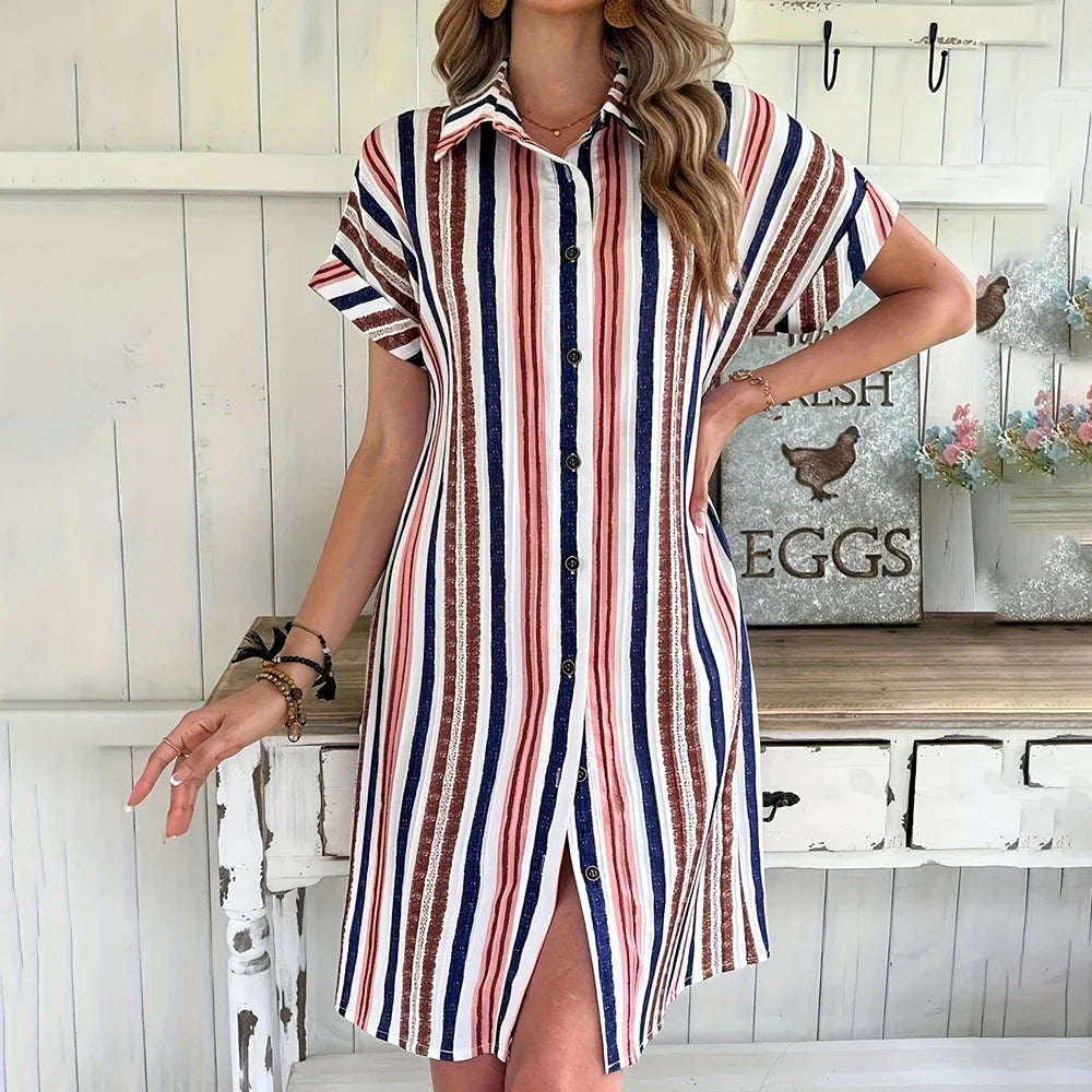 2024 New Dress Women's Clothing Summer Lapel Loose Short-sleeved Shirt Pocket Button Coat Striped Skirt Women's Evening Dress