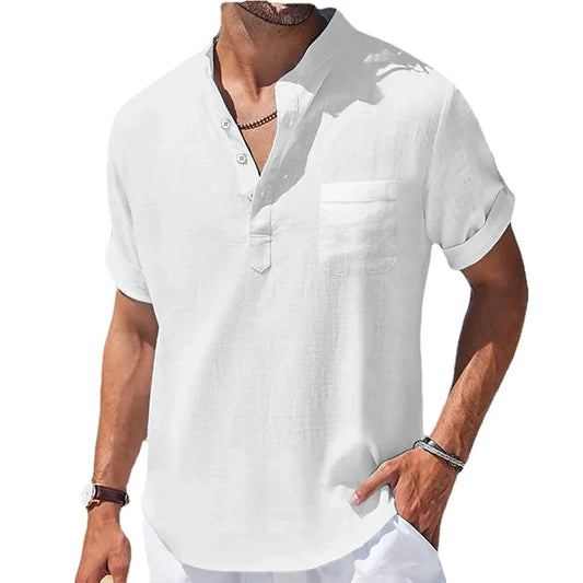 New Men's Casual Stand Up Collar Summer Solid Color Short Sleeve Linen Shirt Trendy Breathable Loose Youth Basic Pocket Tops