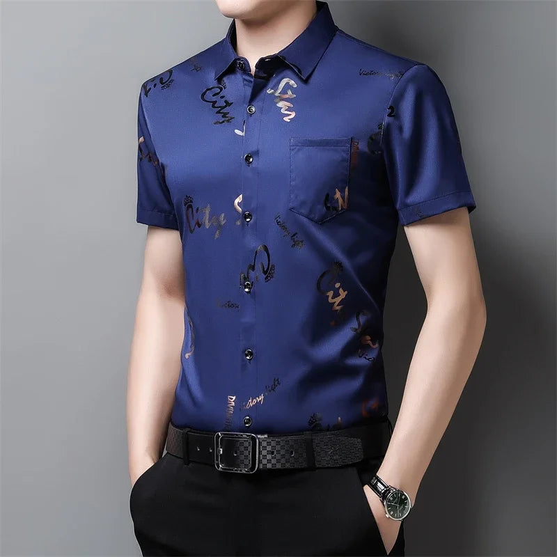 Men's Casual and Fashionable Short Sleeved Printed Shirt Wrinkle Resistant Business Top Without Ironing