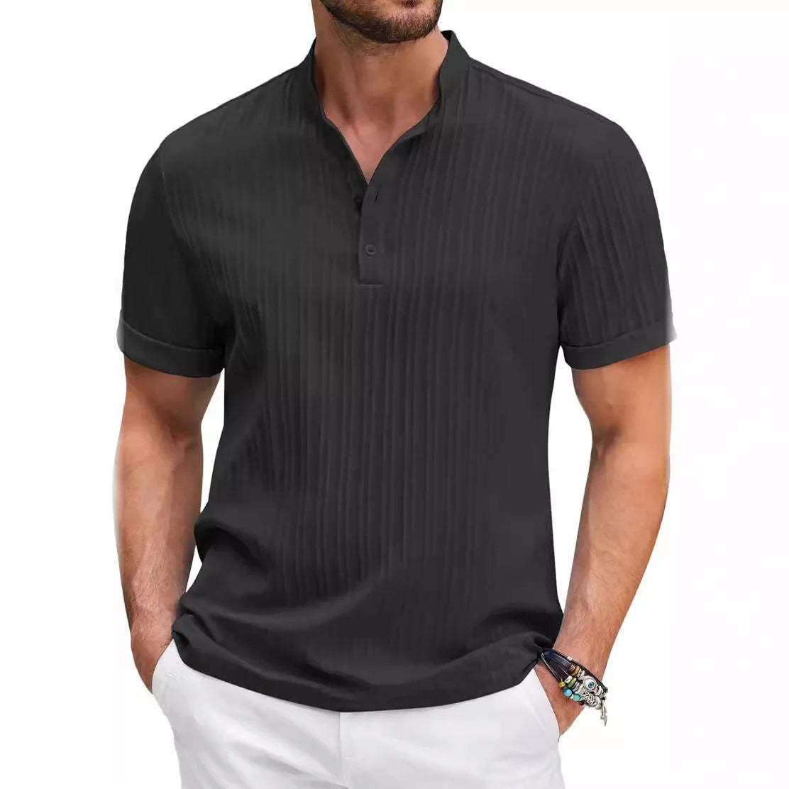 Men's New Summer Trend High-End Striped Casual Short-Sleeved Shirt High Quality Classic Stand Collar Comfortable Fashion sShort-