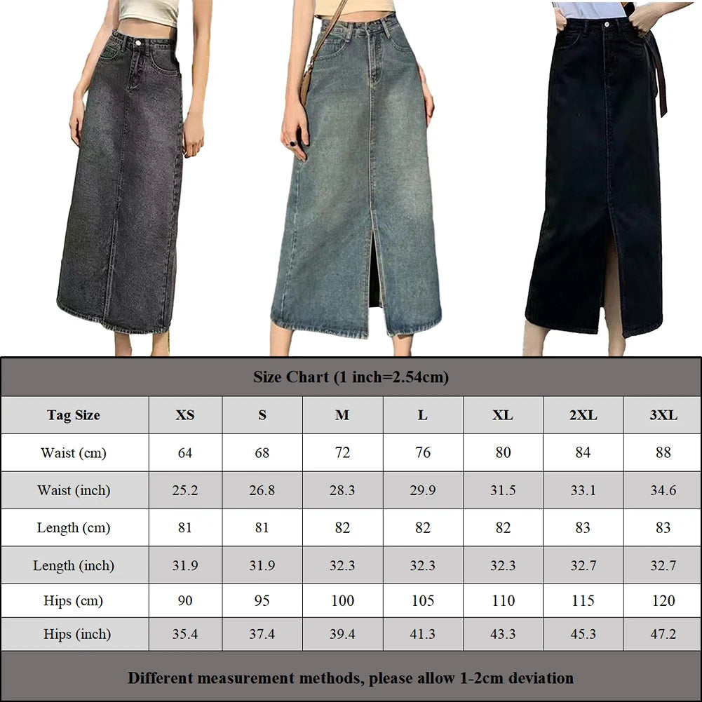 Women's Long Denim-Skirts High Wasit Jeans Skirt Straight Side Split A-line Pencil Skirts Lady Hip-covering Straight Long Skirt