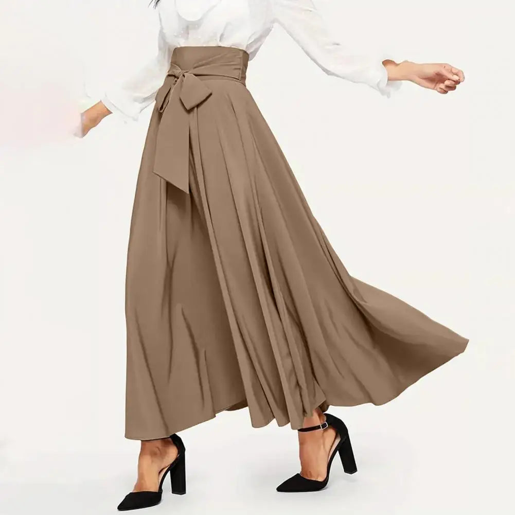 High Waist Skirt Elegant Lace-up Maxi Skirt with High Waist A-line Silhouette Solid Color Wide Band Pleated for Women for Ol