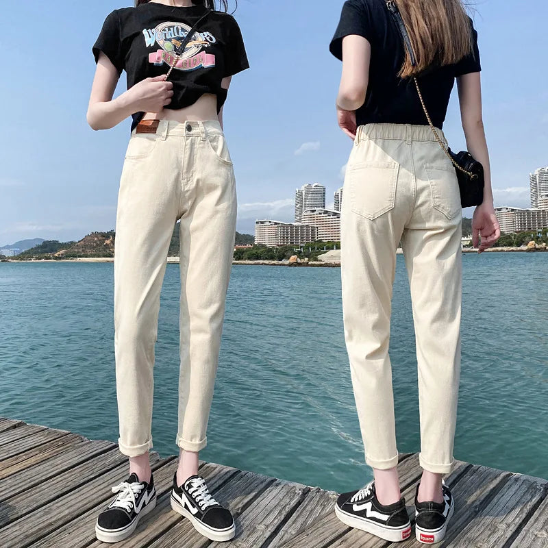 Solid Color High-waisted Straight Leg Jeans, Women's Spring and Fall New Fashion Nine-point Pants, Casual  Elastic-waisted Jeans