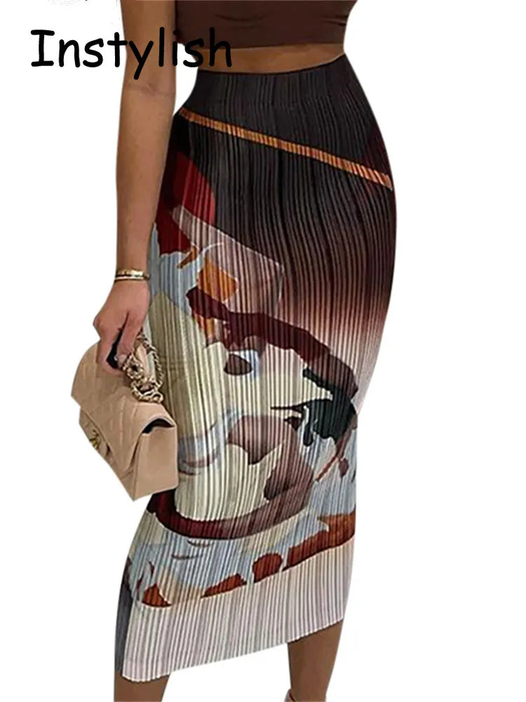 Women Vintage Art Print Ribbed Y2K Midi Skirt Elegant Bodycon Long Skirt Harajuku Wild Bottoms Harajuku Slim Fit Party Skirt