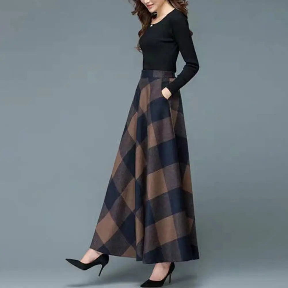 Fashion Office Skirt Temperament Skin-touching Women Square Plaid Print A-Line Office Skirt  Long Skirt    Retro Skirt