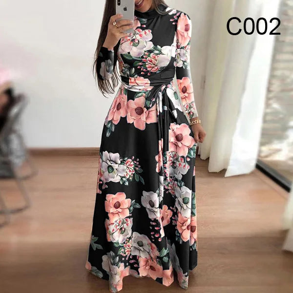 Autumn Women's Printed Maxi Dress Fashionable Long Sleeve Lace Up 3D Round Neck Vestidos Evening Long Elegant Dresses S-5XL