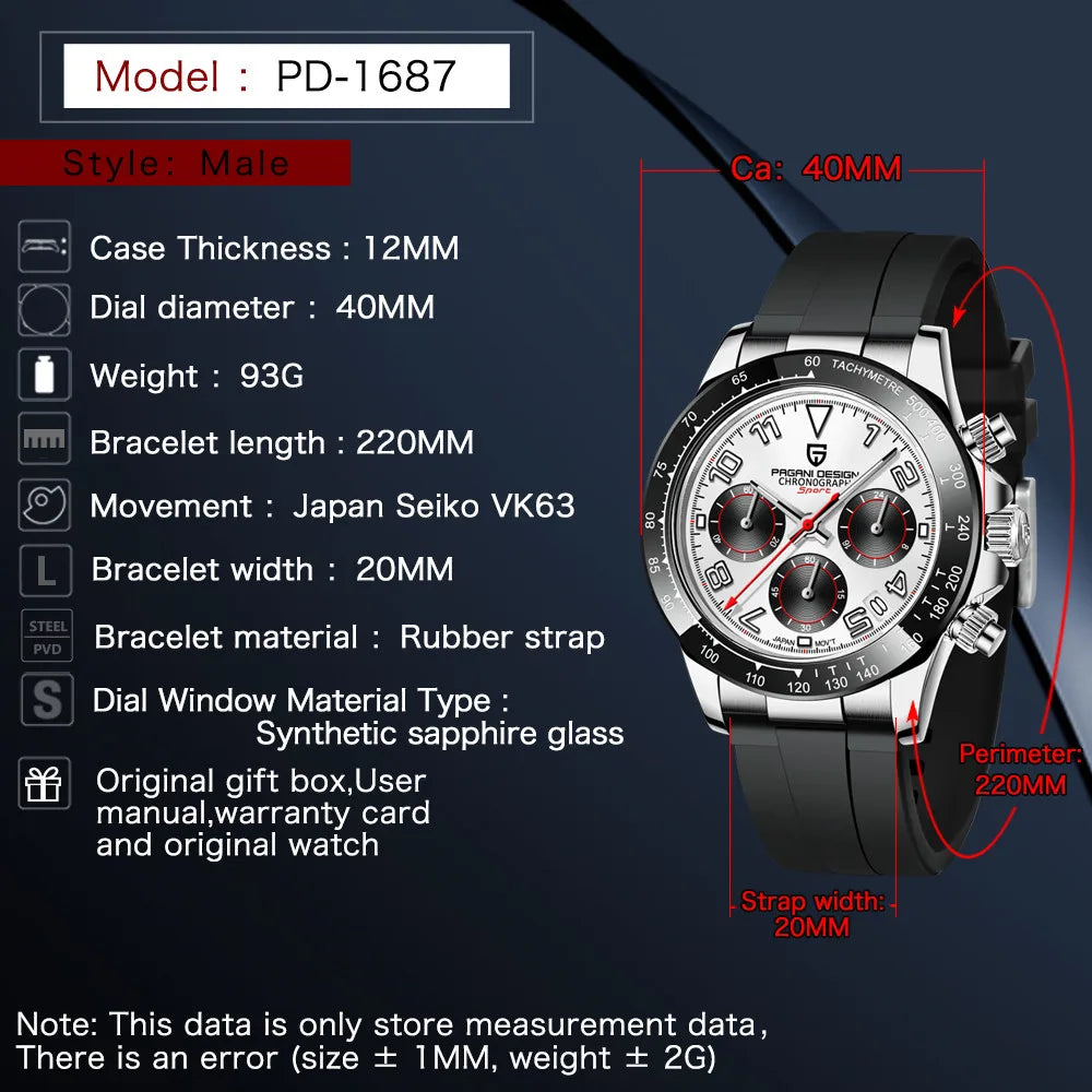 PAGANI DESIGN Luxury Business Men's Watches Sapphire Glass Quartz Watch Sport Chronograph 100M Luminous Waterproof Clock