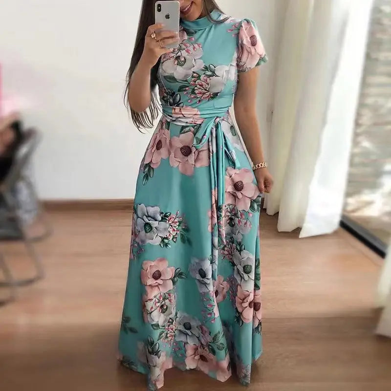 2023 Summer New Women's Luxury Sexy Retro Fashion Round Neck Mid Waist Casual Comfortable Flower Printed Large Swing Dress