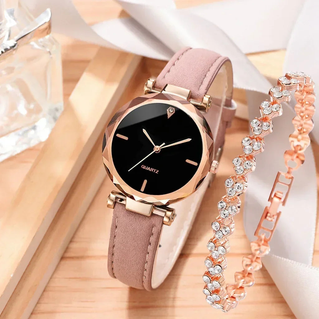 2024 Luxury Fashion Women Watch Set PU Leather Strap Ladies Quartz Wristwatch Rhinestone RoseGold Alloy Bracelet for Ladies Gift