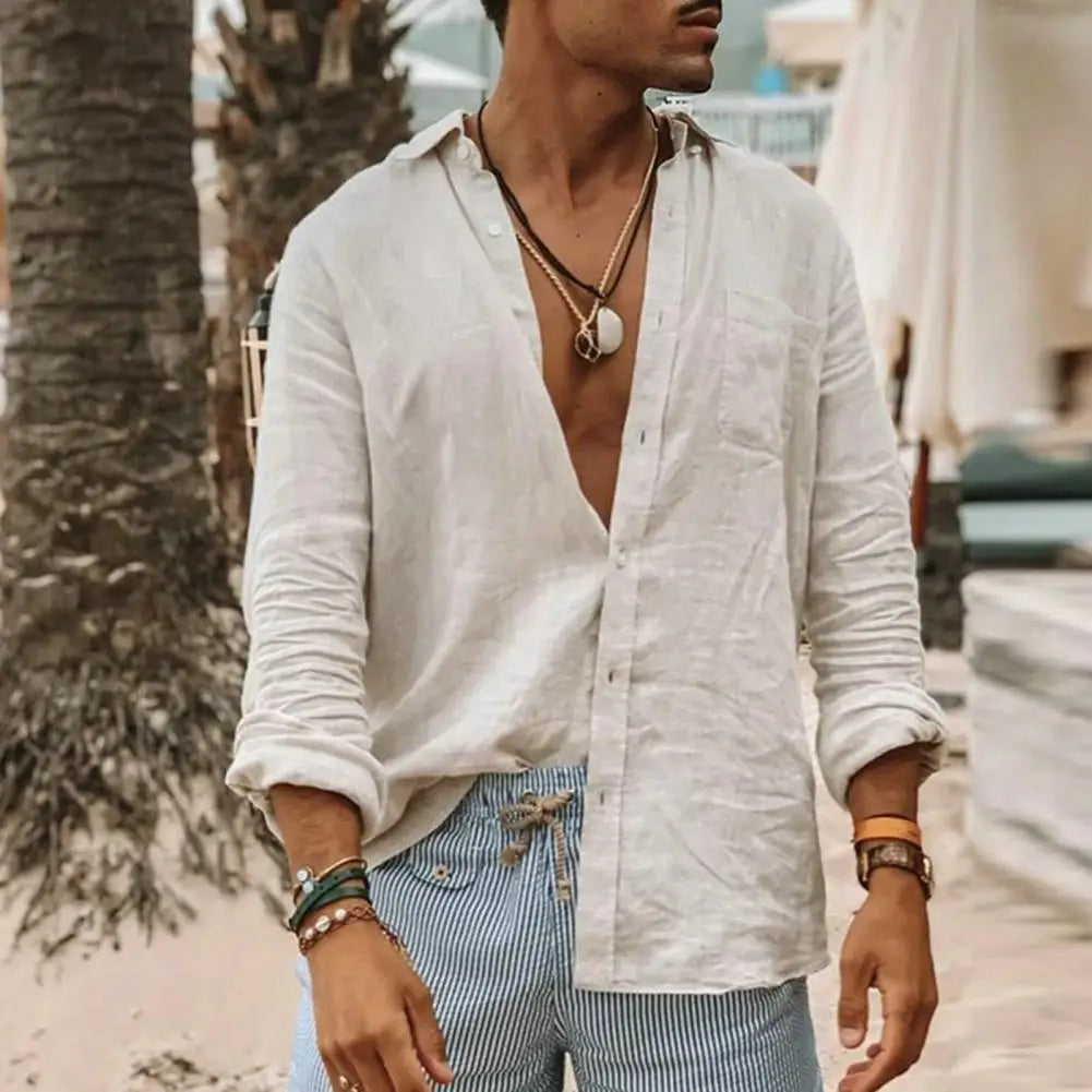 2024 Men Casual Cotton Linen Shirts Standing Collar Male Solid Color Long Sleeves Loose Tops Spring Autumn Handsome Men's Shirts