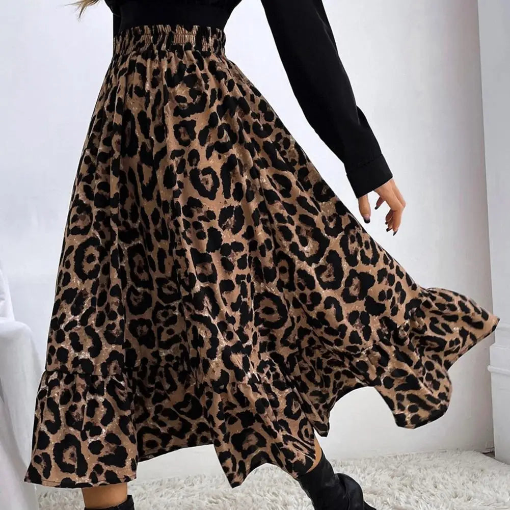 Women Skirt High Waist Stylish Skin-touching Elastic Fine Workmanship Dressing Up Chiffon Leopard Print A-line Skirt Daily Cloth