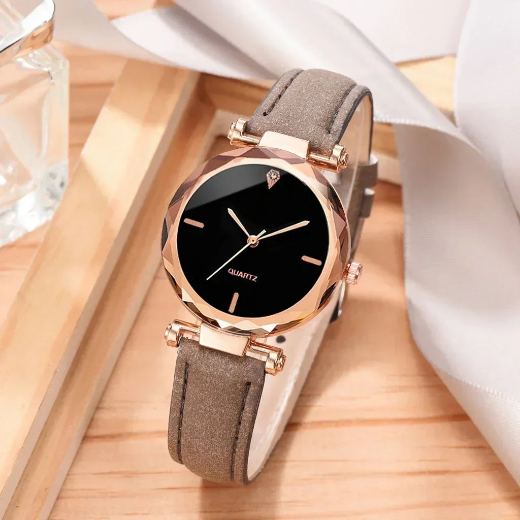 2024 Luxury Fashion Women Watch Set PU Leather Strap Ladies Quartz Wristwatch Rhinestone RoseGold Alloy Bracelet for Ladies Gift