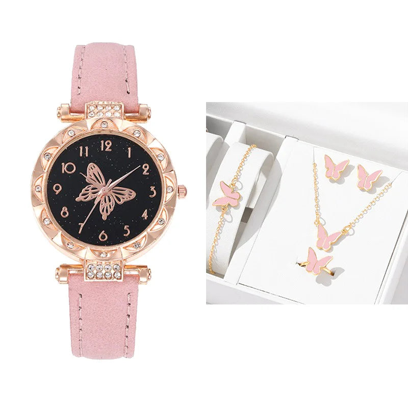 5PCS/Set Fashion Rhinestone Butterfly Women Watch Jewelry Set New Women's Bracelet Watches Waterproof Matching