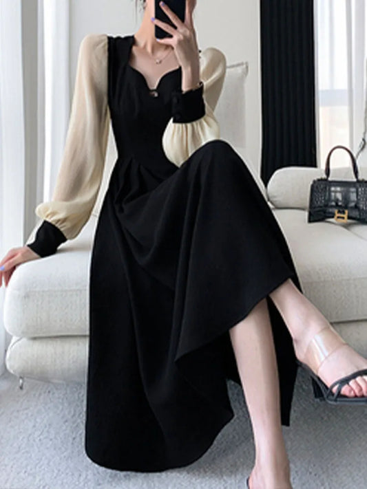 Fashion Dresses for Women Long Sleeve Party French Style Dress Solid Square Collar Midi Zipper 2023 New Spring Summer Dress