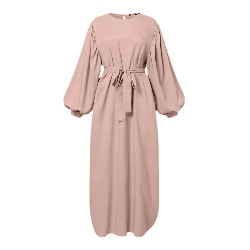 New Elegant Simple Lace-up Muslim Dress Long Sleeve Solid Color Sundress Robe Modest Muslim Robe Dress