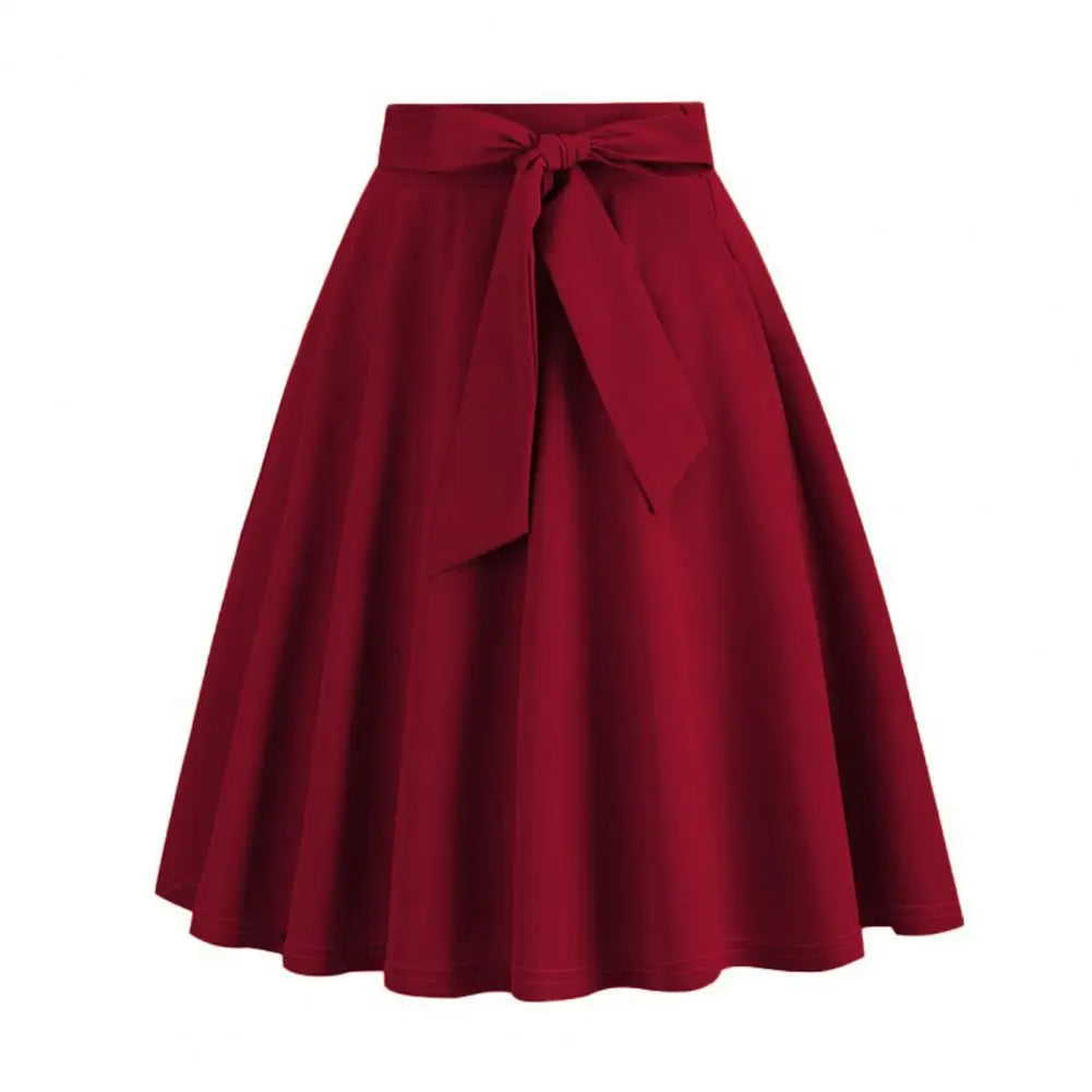 High Waist Ruffle Women Skirt Belted Tight Waist Bow Decor A-line Big Swing Summer Party Midi Skirt