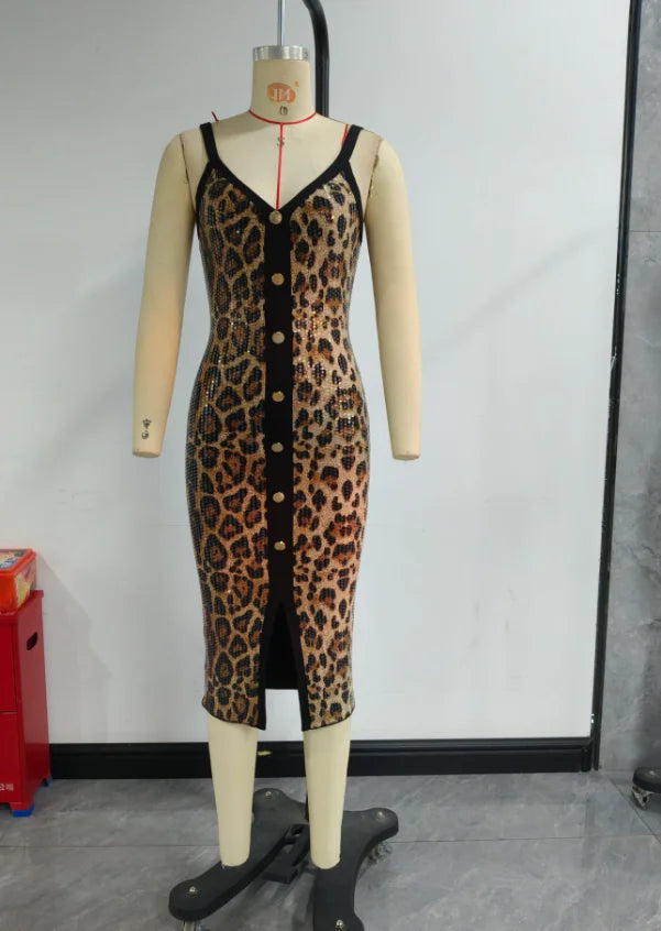 Womens Dresses 2025 New Fashion Leopard Print V-Neck Sleeveless Casual Button Design Slit Skinny Daily Midi Dress