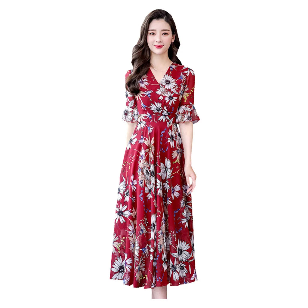 Women'S Fashion Floral Print Dresses Long Casual  A-Line Print V-Neck Slim Short Sleeve Waist Cinching Women'S Dress Frocks