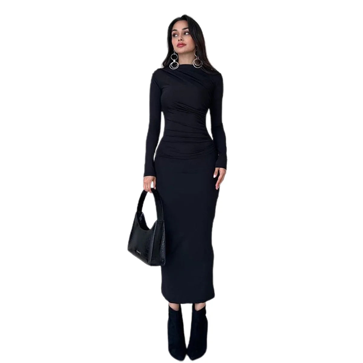 2024 Spring and Autumn New European and American Asian Style High End Solid Color Temperament Long Hip Bag Dress for Women