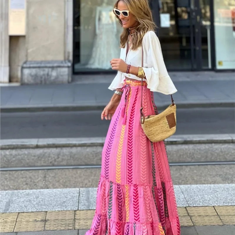 Ladies' Vacation Style Printed Skirt Long Skirt Summer Autumn New 2024 Oversized High Waisted Lace Up Elegant Ladies' Skirt