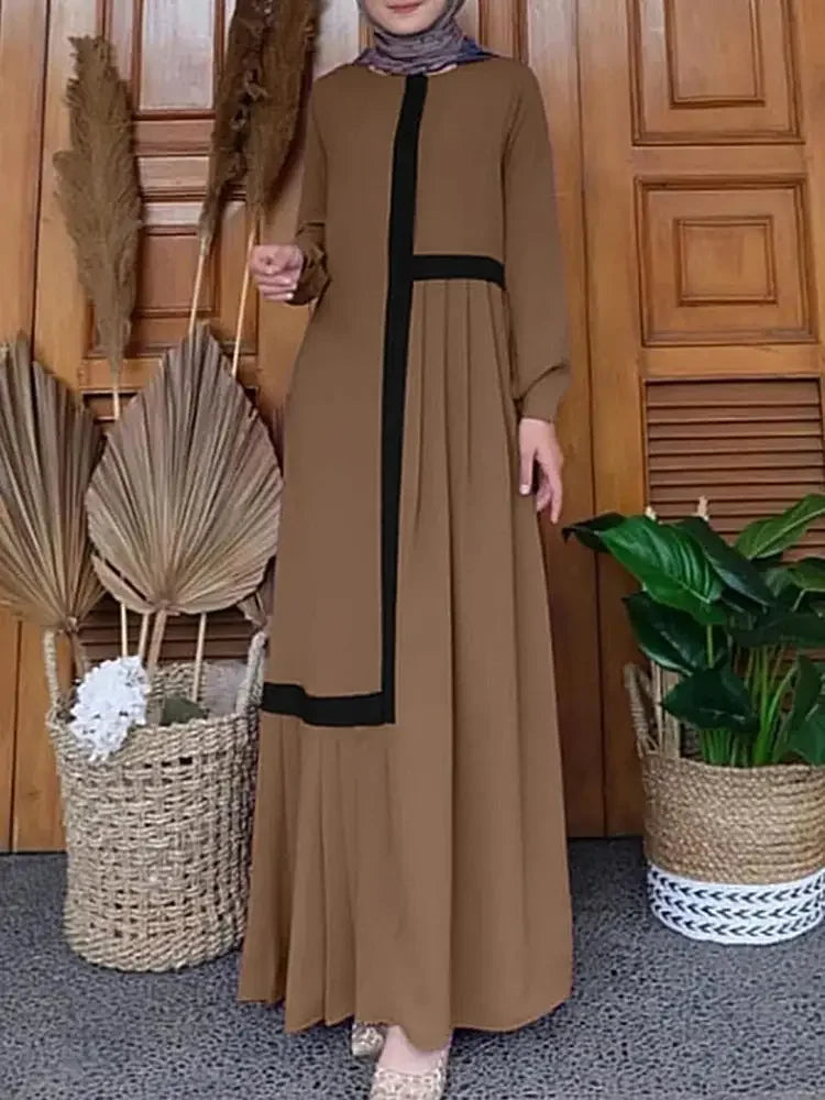 Fashion Patchwork Pleated Long Dress for Women Muslim Contrast Color Abaya Puff Sleeve Casual Maxi Dress Arab Kaftan Robe Femme